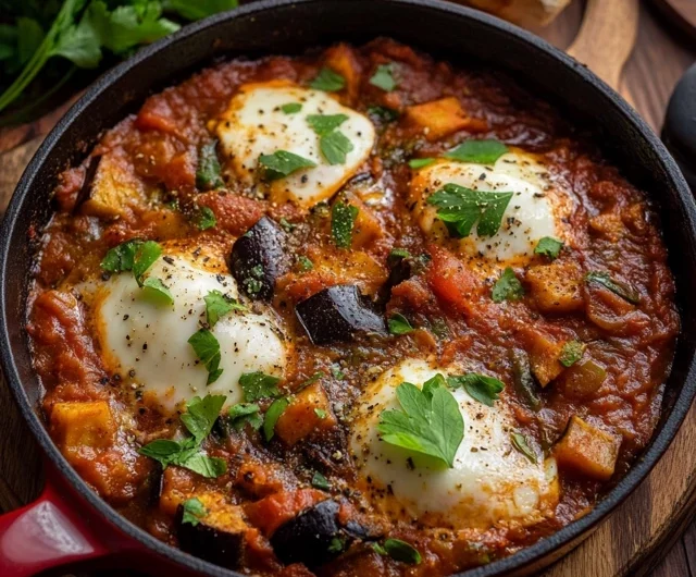 Spicy Eggplant Shakshuka with Zucchini and Spinach